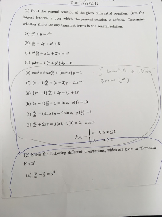 Solved Due: 9/27/2017 (1) Find the general solution of the | Chegg.com