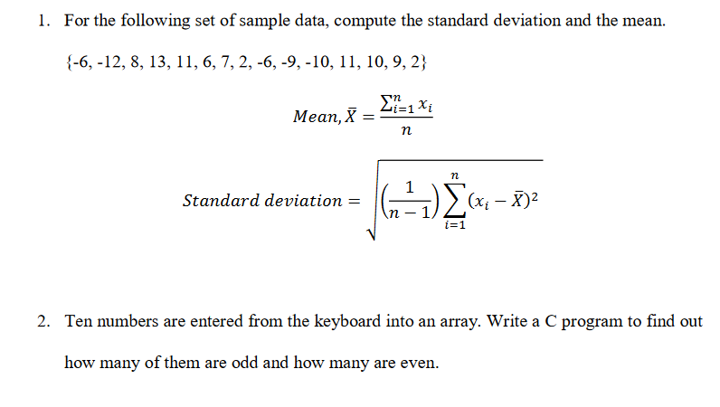 Solved 1. For the following set of sample data, compute the | Chegg.com