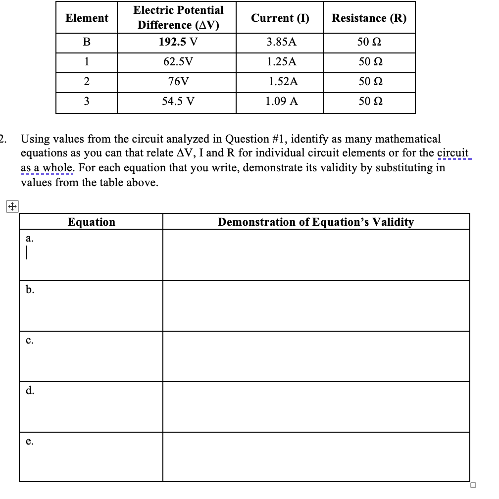 Solved the table below has the units I got from the circuit | Chegg.com