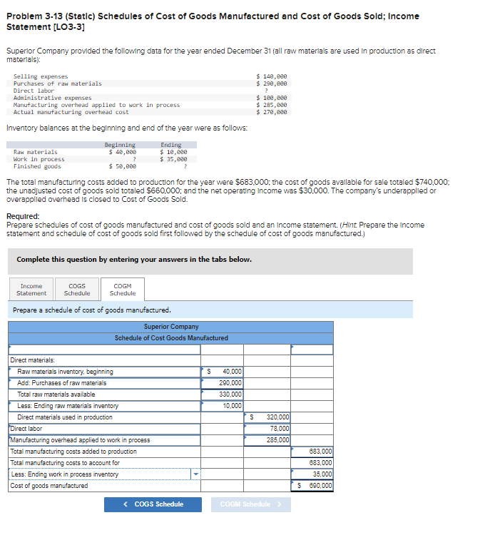 Solved Problem 3-13 (Static) Schedules of Cost of Goods | Chegg.com