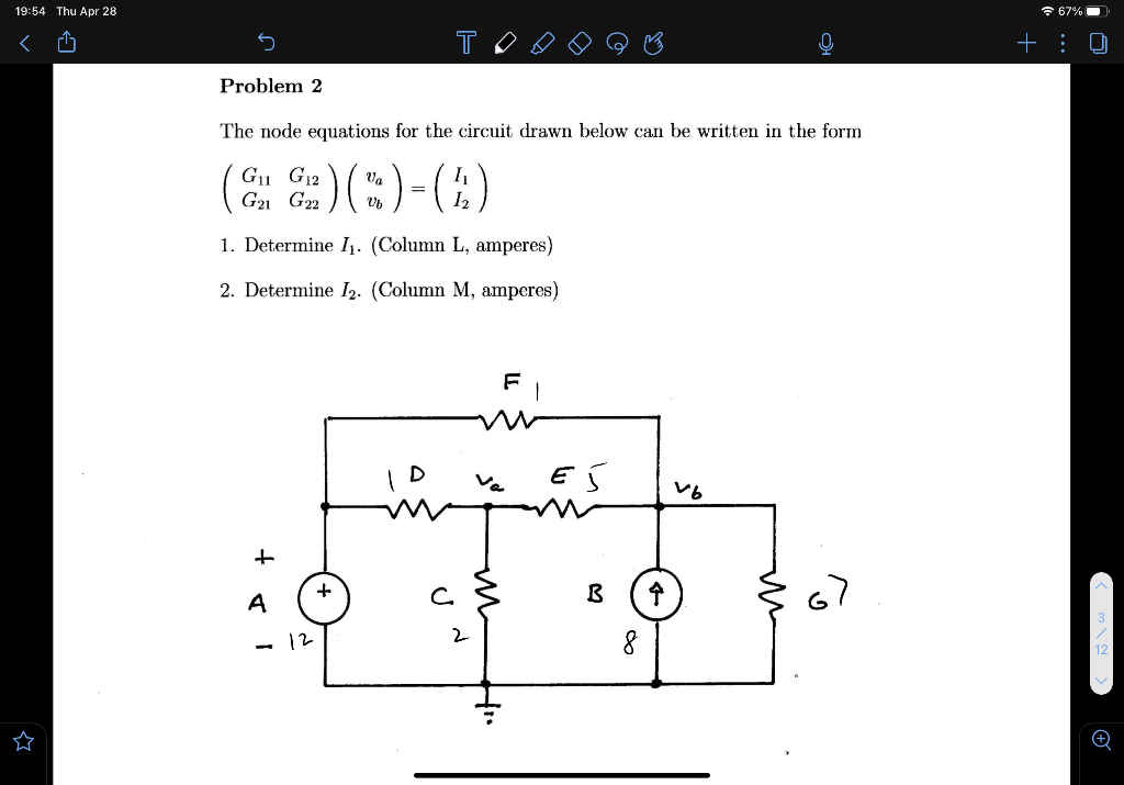 Solved 19:54 Thu Apr 28 ♫ S Problem 2 The node equations for | Chegg.com