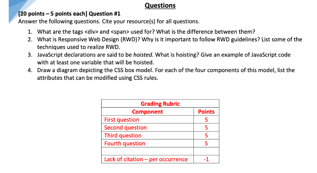 Solved Questions [20 points-5 points each] Question #1 | Chegg.com