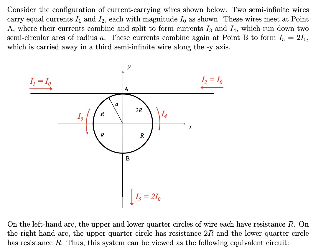 Consider the configuration of current-carrying wires shown below. Two semi-infinite wires carry equal currents \( I_{1} \) an