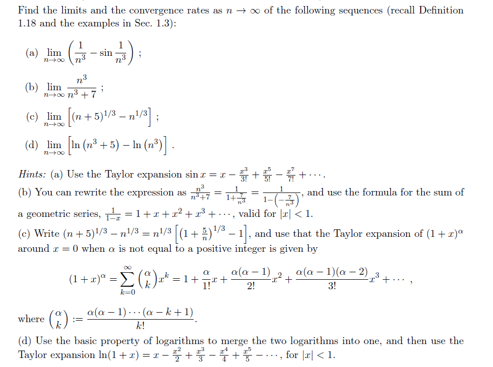 Solved Find the limits and the convergence rates as n + o of | Chegg.com