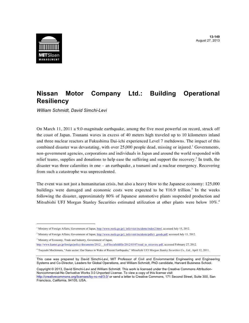 13-149 august 27, 2013 mitsloan management nissan motor company ltd.: building operational resiliency william schmidt, david