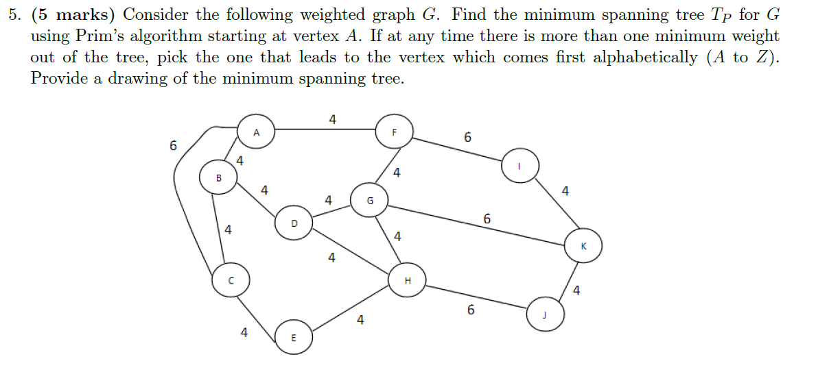 Solved 5. (5 marks) Consider the following weighted graph G. | Chegg.com