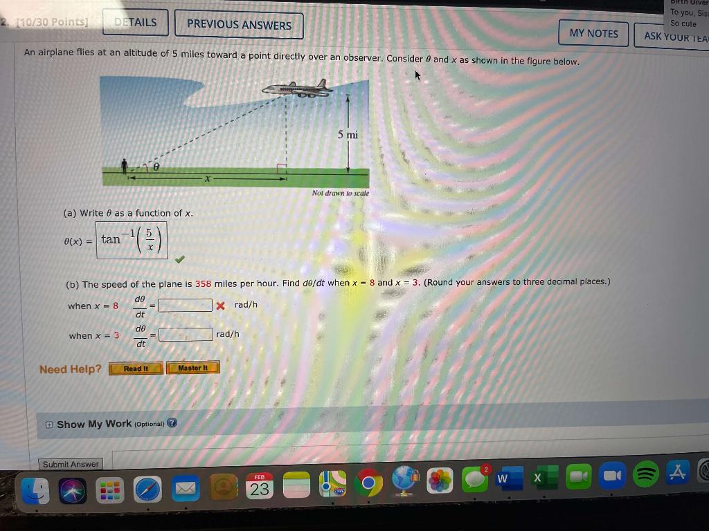 Solved Calculus An Airplane Flies At An Altitude Of 5 Miles | Chegg.com