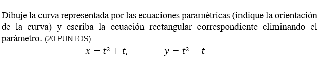 Dibuje la curva representada por las ecuaciones paramétricas (indique la orientación de la curva) y escriba la ecuación recta