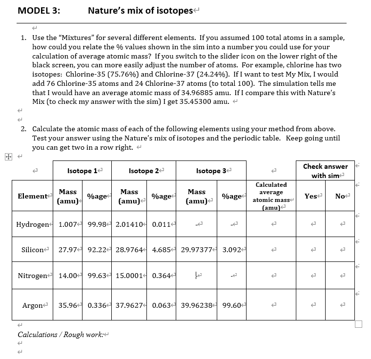 Solved MODEL 3 Nature's mix of isotopes 1. Use the