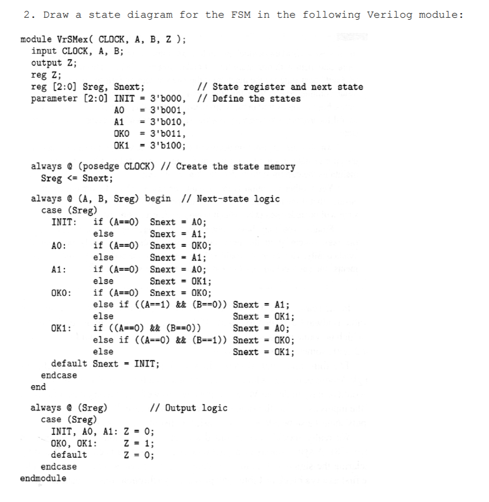 Solved 2. Draw a state diagram for the FSM in the following | Chegg.com