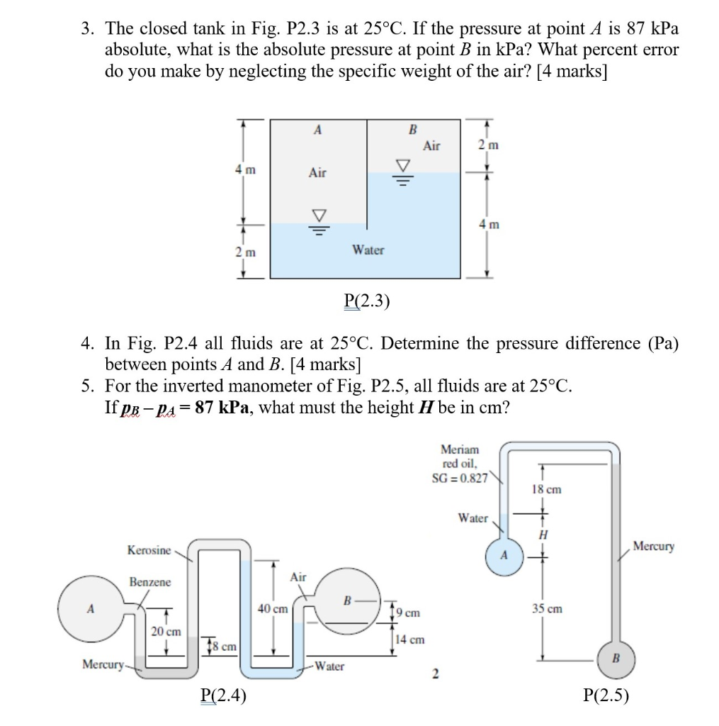 Solved 3. The closed tank in Fig. P2.3 is at 25°C. If the
