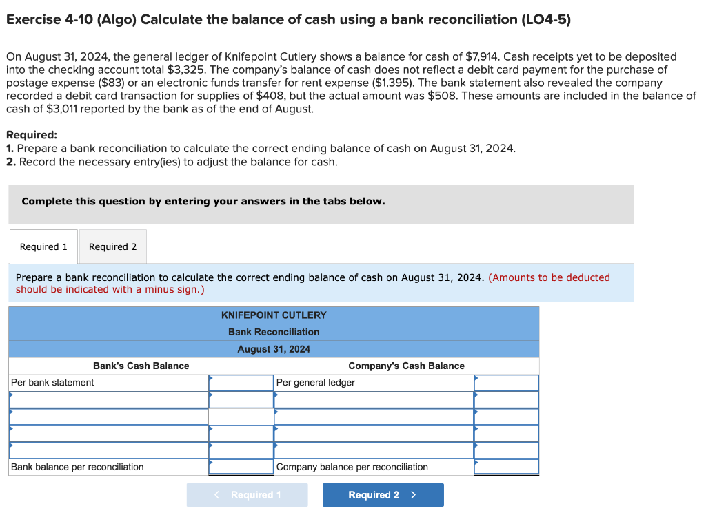 Solved Exercise 4-10 (Algo) Calculate the balance of cash | Chegg.com