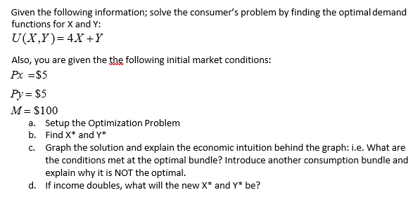 Solved Given the following information; solve the consumer's | Chegg.com