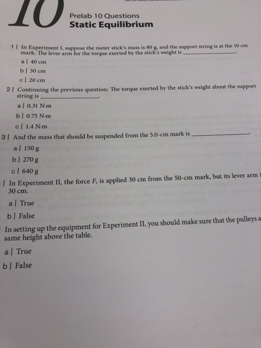 Solved Prelab 10 Questions Static Equilibrium 1 I In