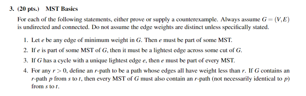 Solved 3. (20 pts.) MST Basics For each of the following | Chegg.com
