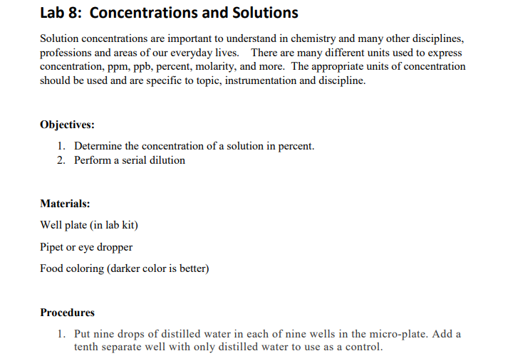 Lab 8: Concentrations And Solutions Solution | Chegg.com