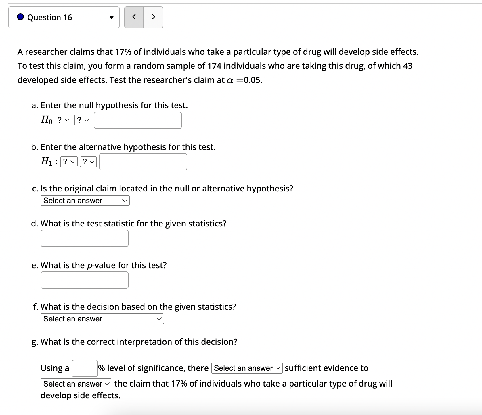 Solved A researcher claims that 17% of individuals who take | Chegg.com