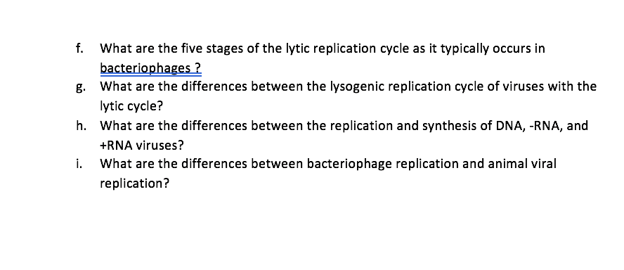 f. What are the five stages of the lytic replication cycle as it typically occurs in bacteriophages ?
g. What are the differe