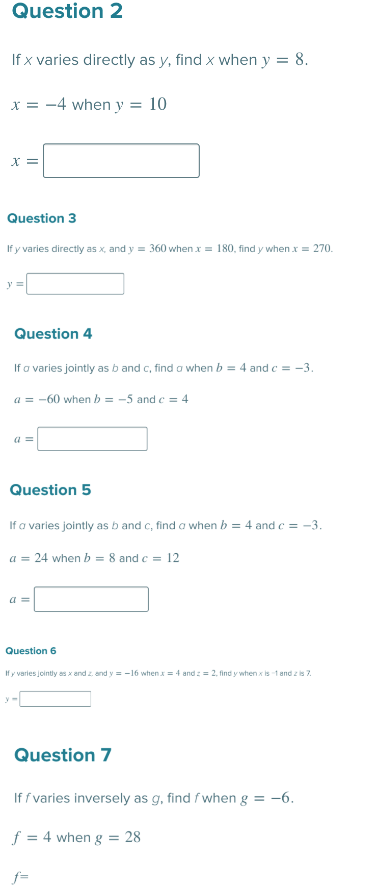 Solved Question 2 If x varies directly as y, find x when y = | Chegg.com