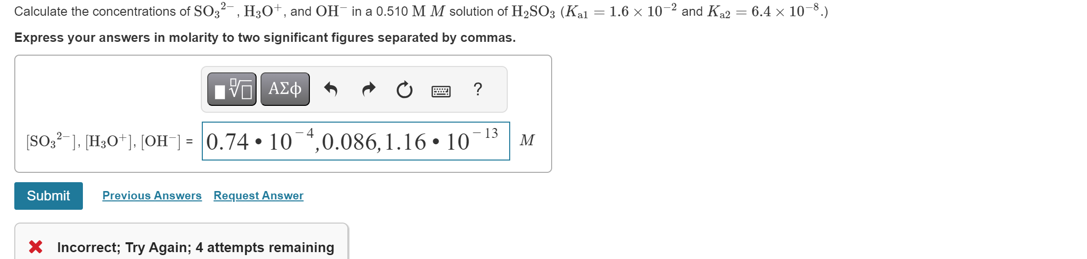 Solved Calculate The Concentrations Of So32− H3o And Oh−in