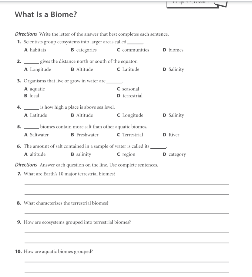 Solved Chapter 3, LESSON What Is a Biome? Directions Write | Chegg.com