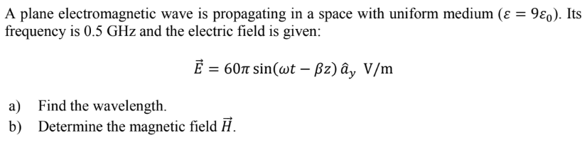 Solved A plane electromagnetic wave is propagating in a | Chegg.com