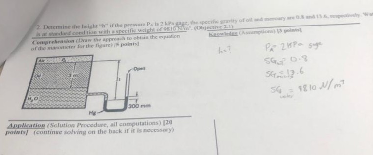 Solved 2. Determine the height "h" if the pressure Pa is 2 | Chegg.com
