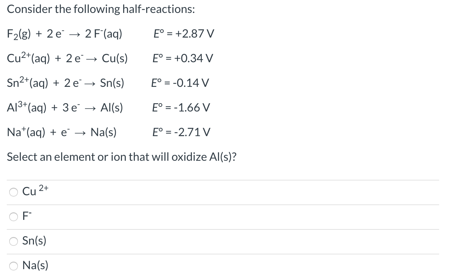 Solved Consider The Following Half Reactions F2 G 2e Chegg Com