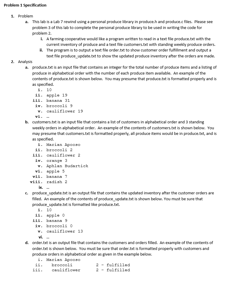 Solved Problem 1 Specification 1. Problem a. This lab is a | Chegg.com