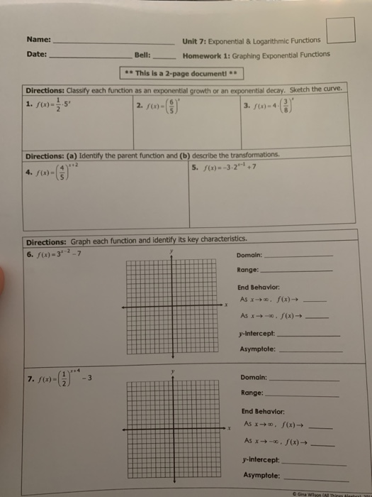Solved Name: Unit 7: Exponential & Logarithmic Functions | Chegg.com