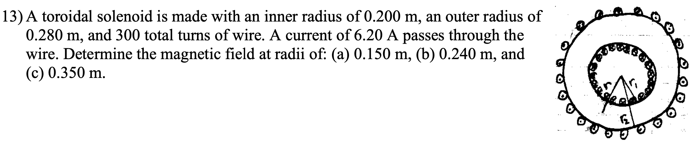 Solved 13) A toroidal solenoid is made with an inner radius | Chegg.com