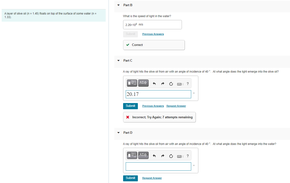 Solved Part B A layer of olive oil (n = 1.45) floats on top | Chegg.com