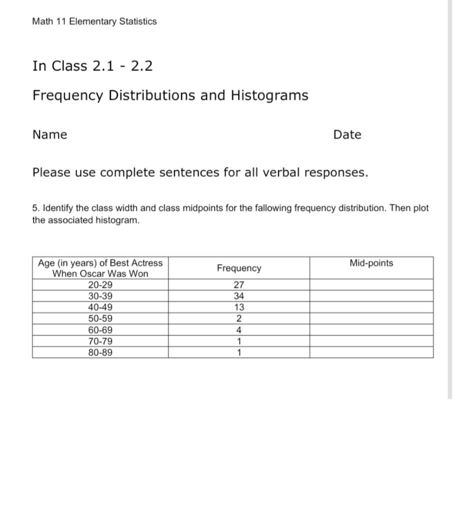 Solved In Class 2.1−2.2 Frequency Distributions And | Chegg.com