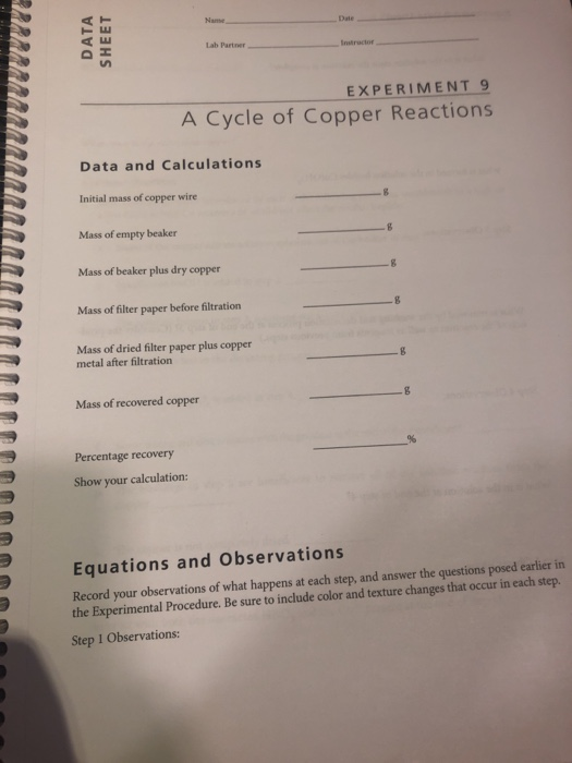 Name Lab Partner EXPERIMENT 9 A Cycle of Copper | Chegg.com