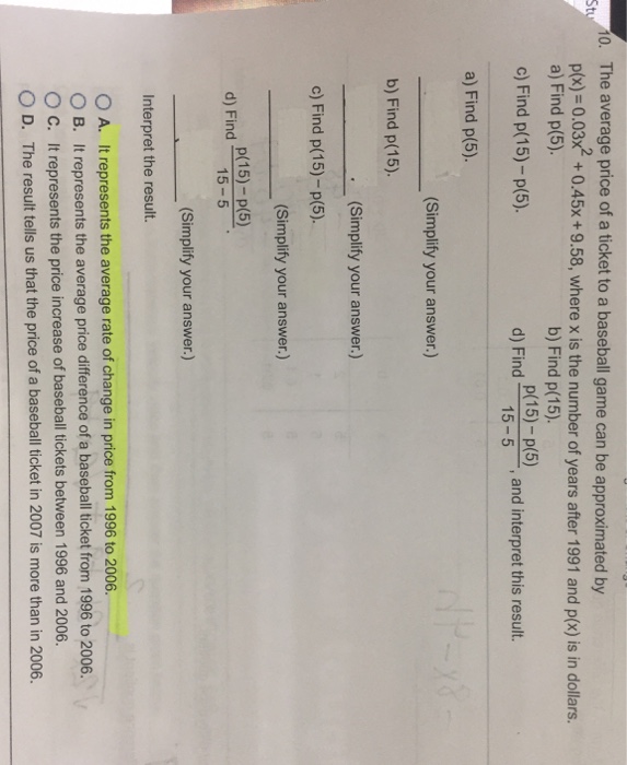 Solved o. The average price of a ticket to a baseball game