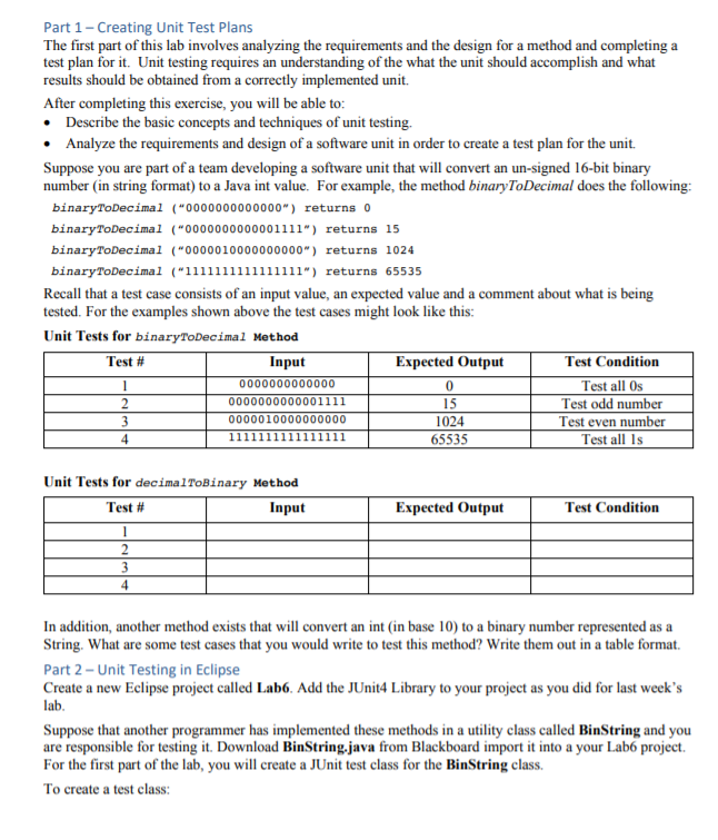 Solved Part 1 Creating Unit Test Plans The first part of