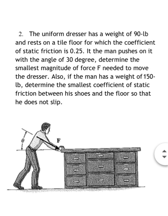 Solved 2. The uniform dresser has a weight of 90lb and