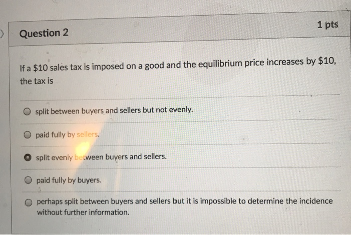 Solved 1 pts Question 2 If a $10 sales tax is imposed on a | Chegg.com