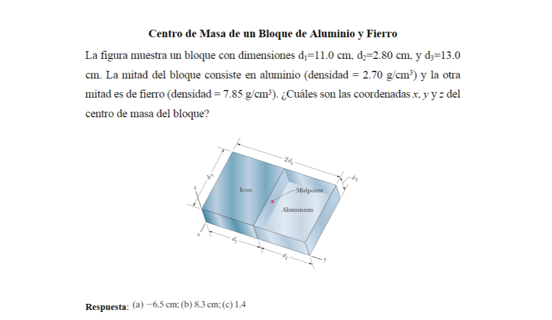 Centro de Masa de un Bloque de Aluminio y Fierro La figura muestra un bloque con dimensiones \( \mathrm{d}_{1}=11.0 \mathrm{~