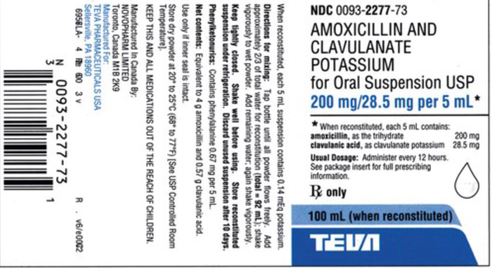 O 200 mg NDC 0093-2277-73 AMOXICILLIN AND CLAVULANATE 200 mg/28.5 mg per 5 mL* for Oral Suspension USP POTASSIUM * When recon