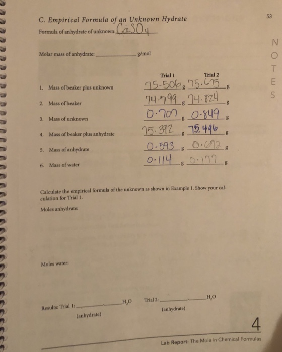 Solved C. Empirical Formula of an Unknown Hydrate Formula of