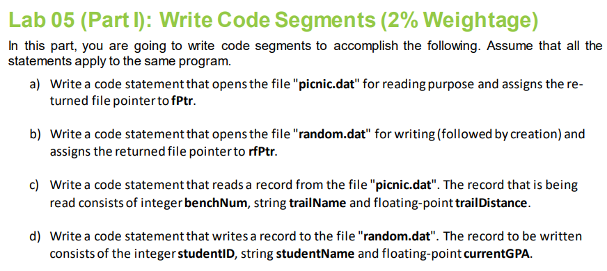 Solved Lab 05 (Part I): Write Code Segments (2% Weightage) | Chegg.com