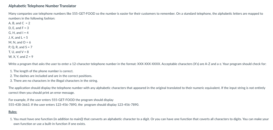 Solved Alphabetic Telephone Number Translator Many Companies Chegg Com