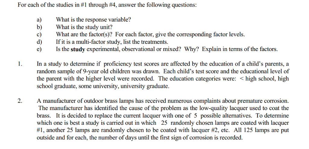 Solved For each of the studies in #1 through #4, answer the | Chegg.com
