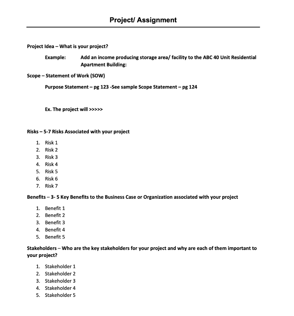 Solved Project/ Assignment Project Idea - What is your | Chegg.com