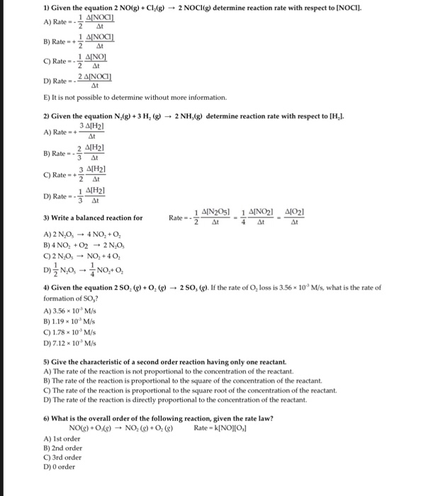 Solved 1) Given the equation 2 NO(g) + Cl2(g) ? 2 NOCI(g) | Chegg.com