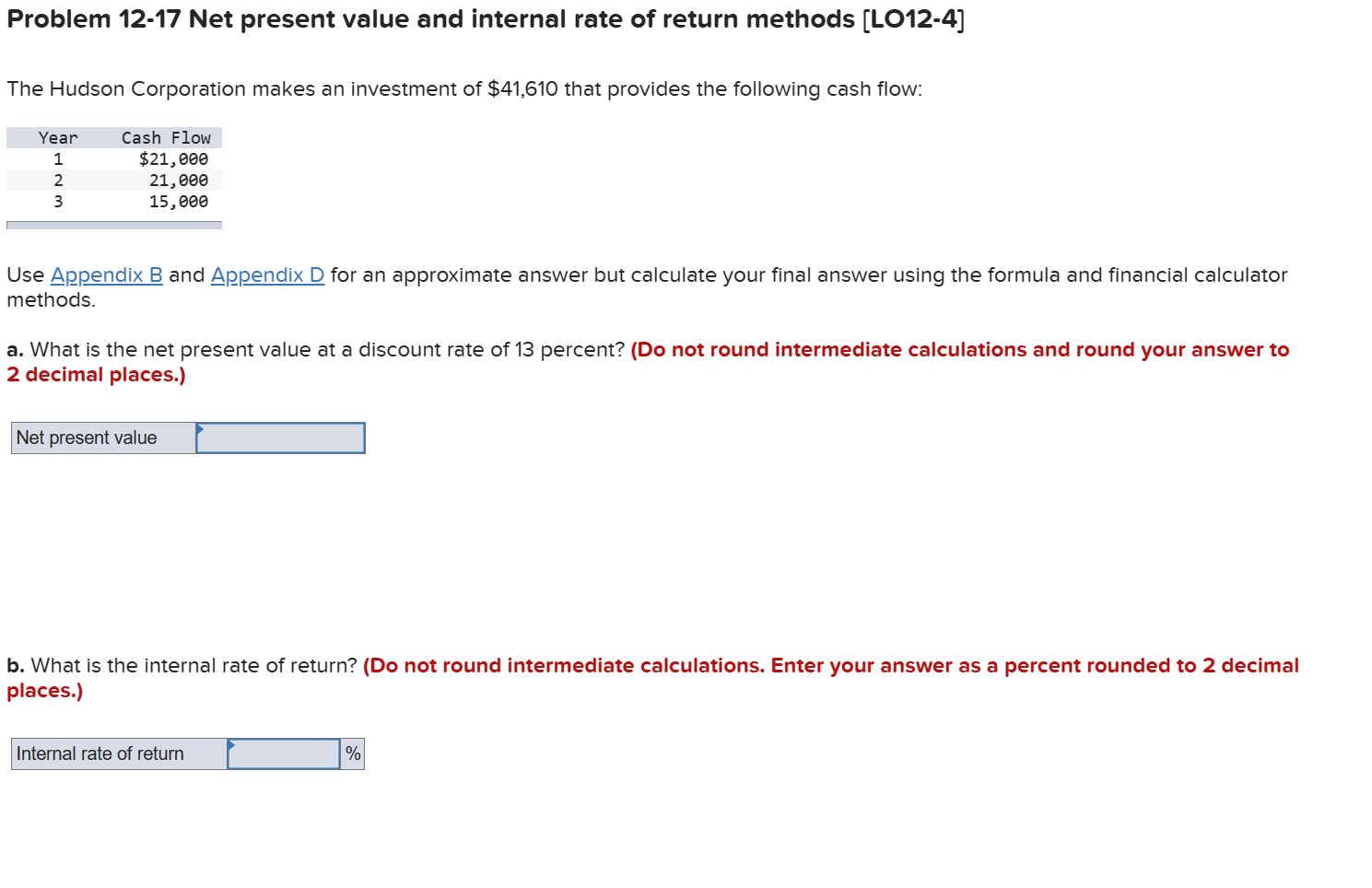 Solved Problem 12-17 Net Present Value And Internal Rate Of | Chegg.com