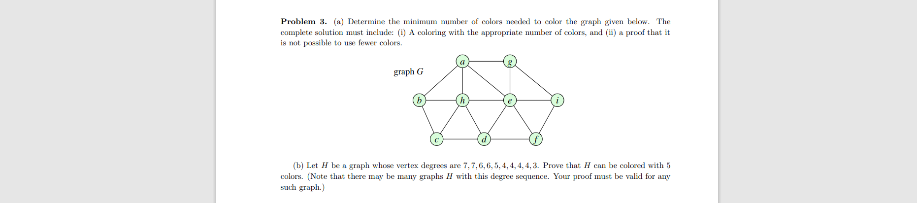 Problem 3. (a) Determine the minimum number of colors needed to color the graph given below. The
complete solution must inclu