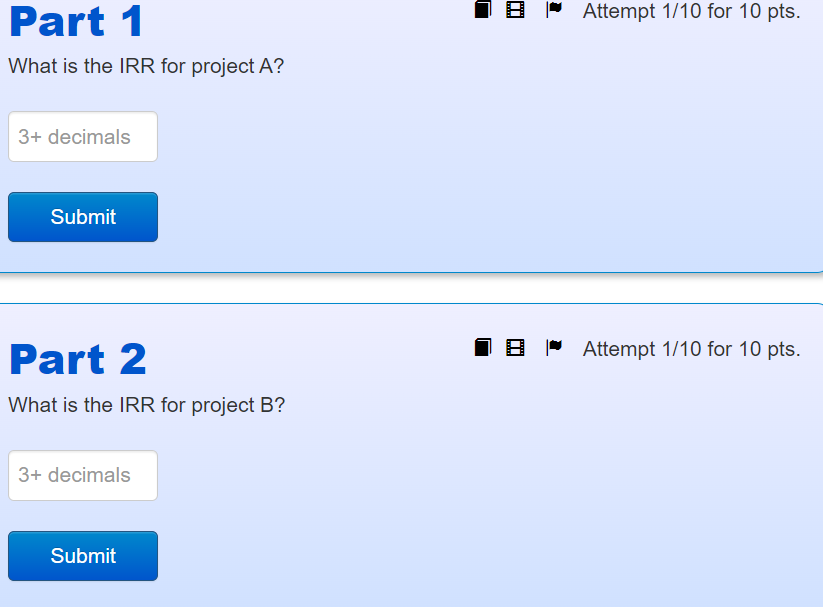 Solved What is the IRR for project A ? Part 2 What is the | Chegg.com