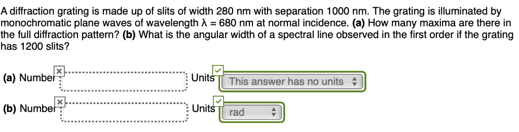 Solved A diffraction grating is made up of slits of width | Chegg.com